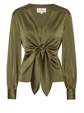 Karmamia Blair Satin Tie Front Blouse Olive Green Long Sleeve Size S